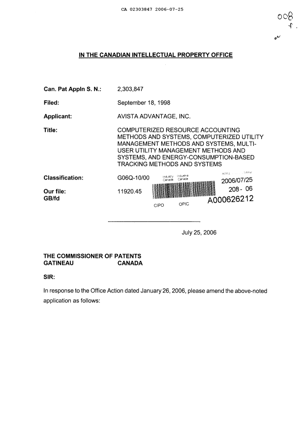 Canadian Patent Document 2303847. Prosecution-Amendment 20060725. Image 1 of 5