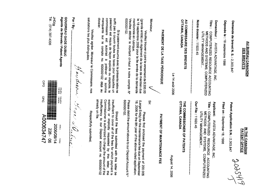Document de brevet canadien 2303847. Taxes 20060814. Image 1 de 1