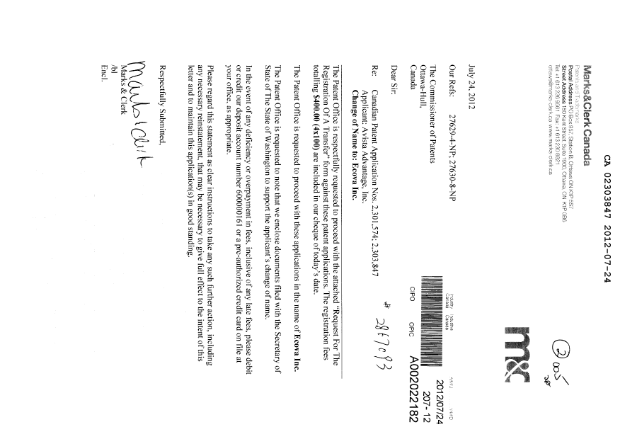 Document de brevet canadien 2303847. Cession 20120724. Image 1 de 8