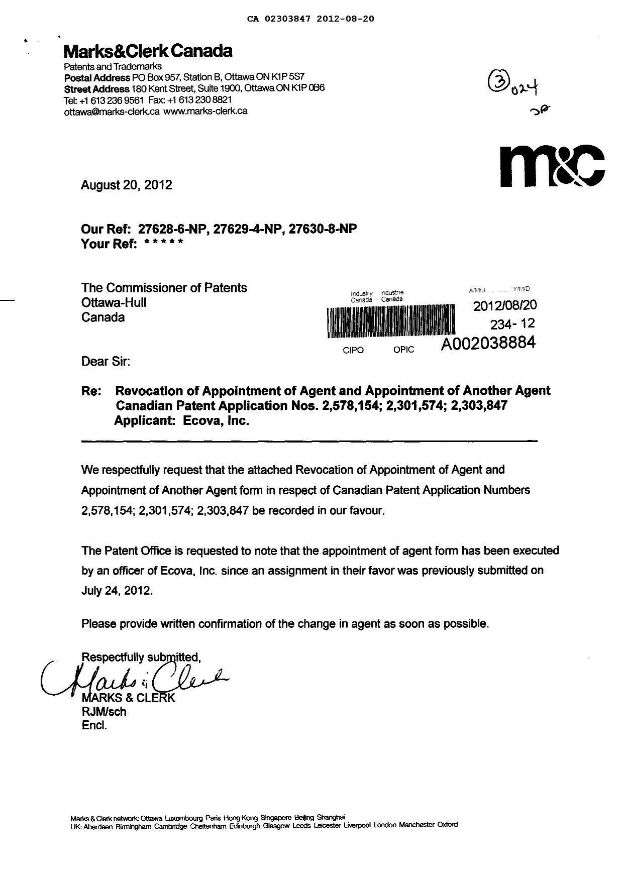 Document de brevet canadien 2303847. Correspondance 20120820. Image 1 de 2