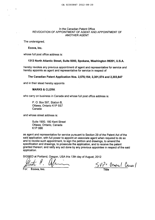 Document de brevet canadien 2303847. Correspondance 20120820. Image 2 de 2