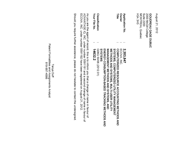 Document de brevet canadien 2303847. Correspondance 20120821. Image 1 de 1