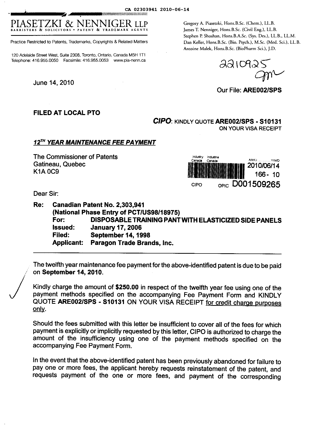 Document de brevet canadien 2303941. Taxes 20100614. Image 1 de 2