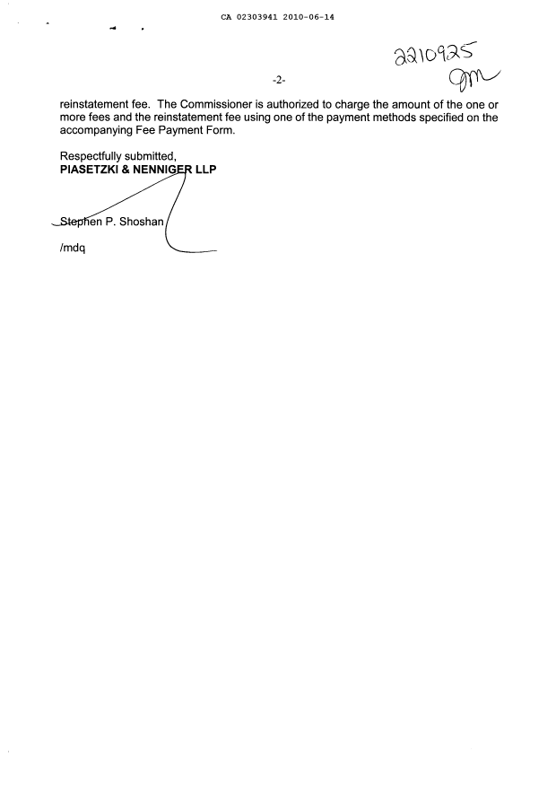 Canadian Patent Document 2303941. Fees 20100614. Image 2 of 2