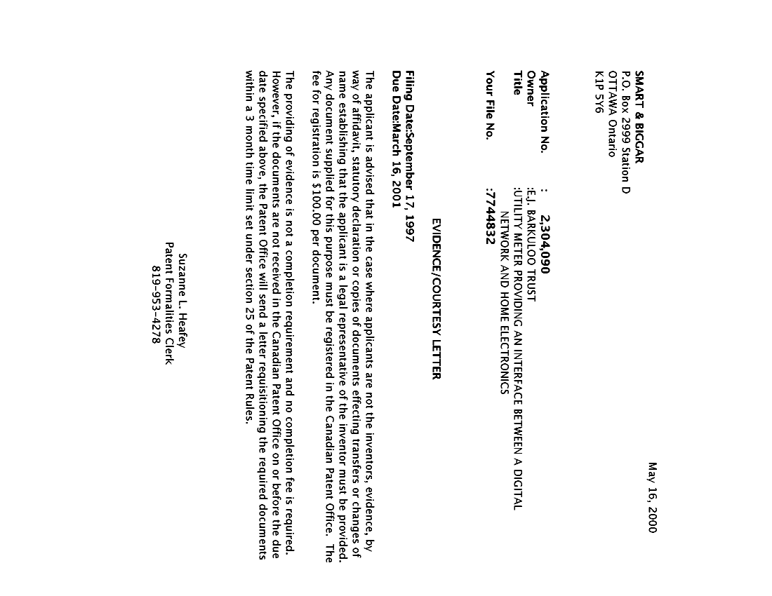 Canadian Patent Document 2304090. Correspondence 20000511. Image 1 of 1