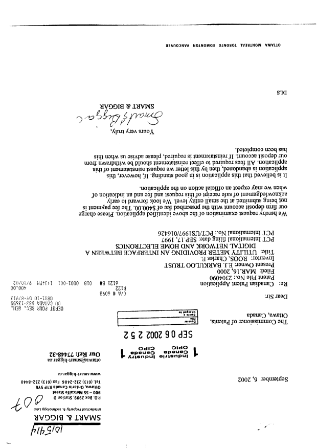 Canadian Patent Document 2304090. Prosecution-Amendment 20020906. Image 1 of 1