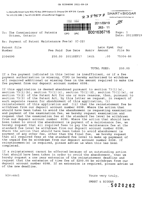 Document de brevet canadien 2304090. Taxes 20110919. Image 1 de 1