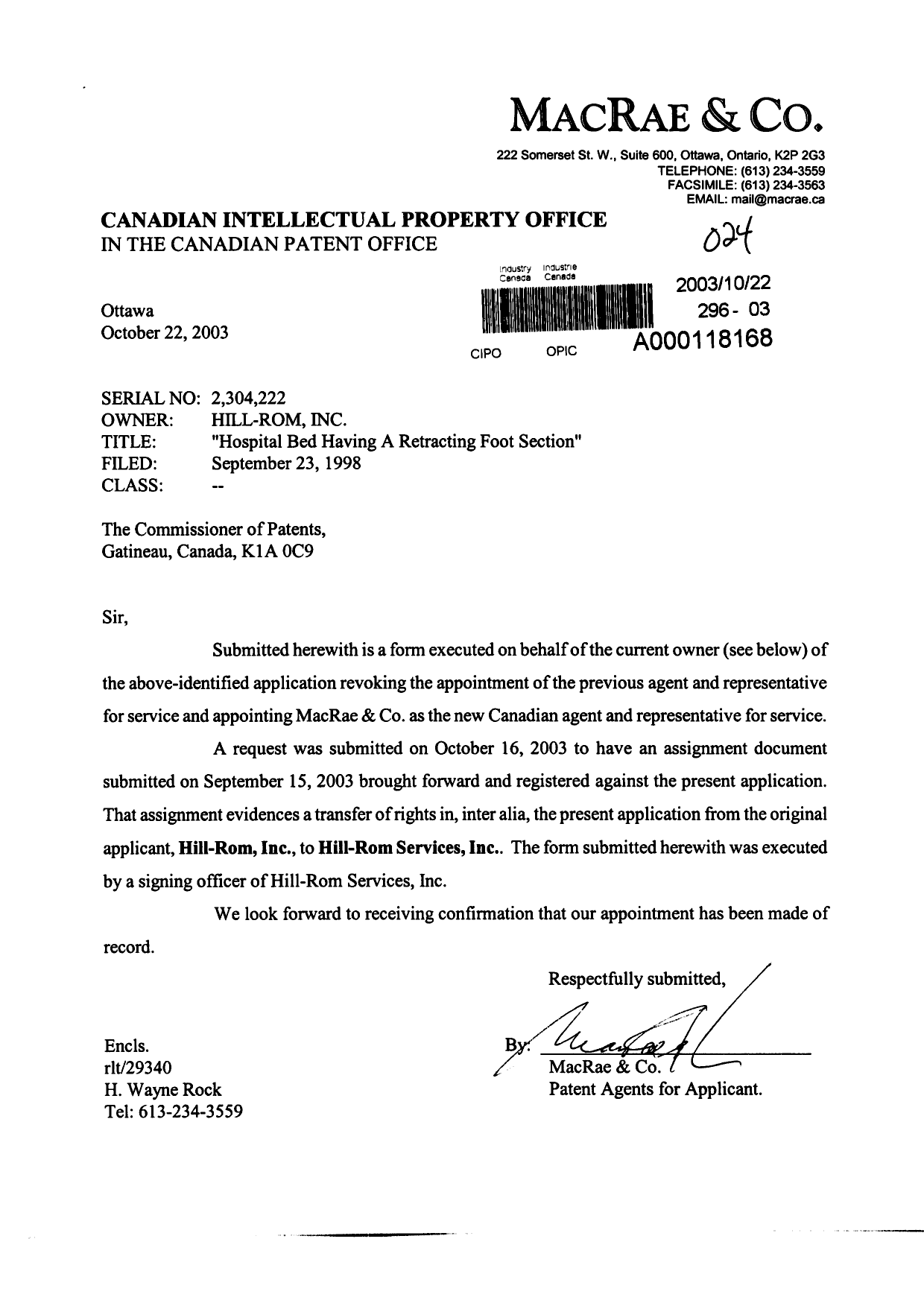 Document de brevet canadien 2304222. Correspondance 20031022. Image 1 de 2