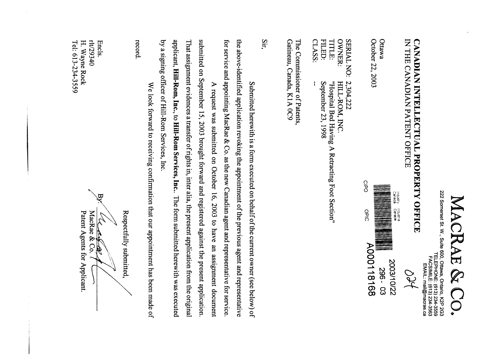 Canadian Patent Document 2304222. Correspondence 20031022. Image 1 of 2