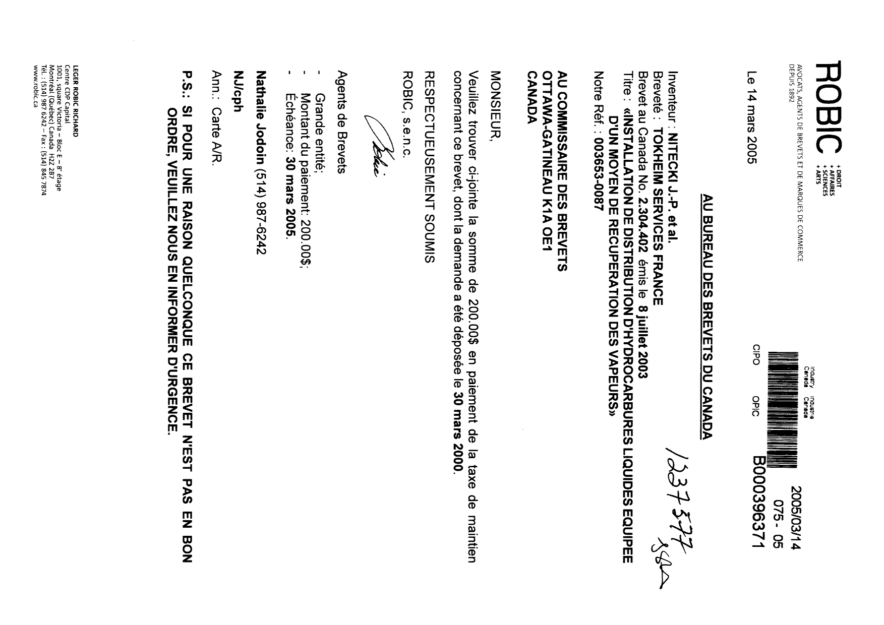 Canadian Patent Document 2304402. Fees 20050314. Image 1 of 1