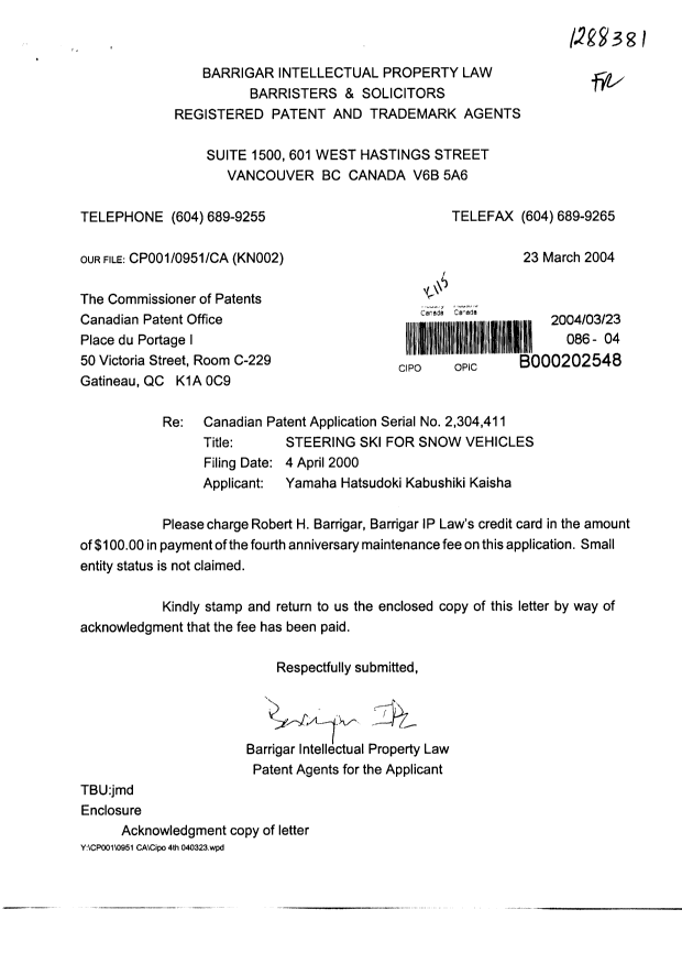 Document de brevet canadien 2304411. Taxes 20040323. Image 1 de 1