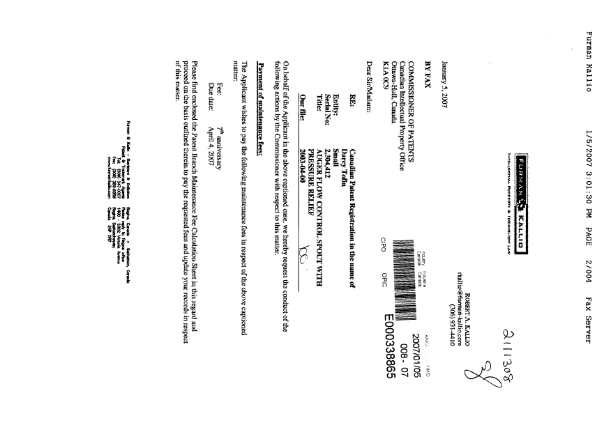 Canadian Patent Document 2304412. Fees 20070105. Image 1 of 4