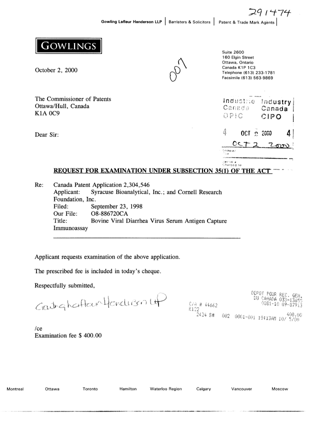 Document de brevet canadien 2304546. Poursuite-Amendment 20001002. Image 1 de 1