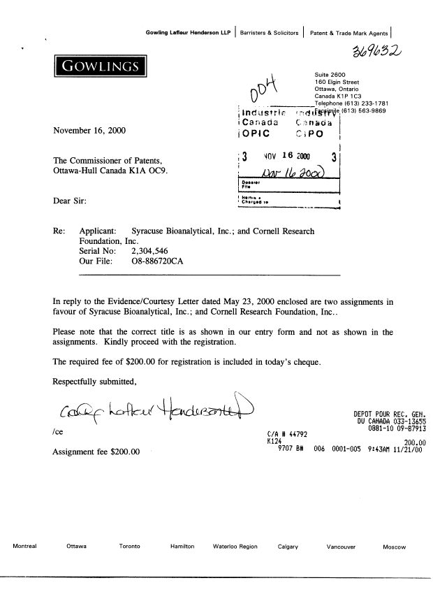 Document de brevet canadien 2304546. Cession 20001116. Image 1 de 5