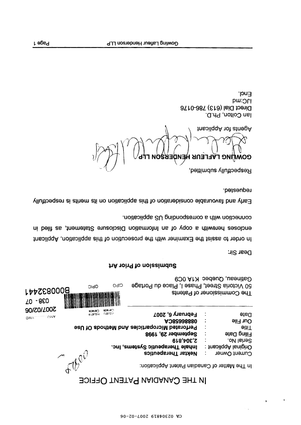 Canadian Patent Document 2304819. Prosecution-Amendment 20070206. Image 1 of 1