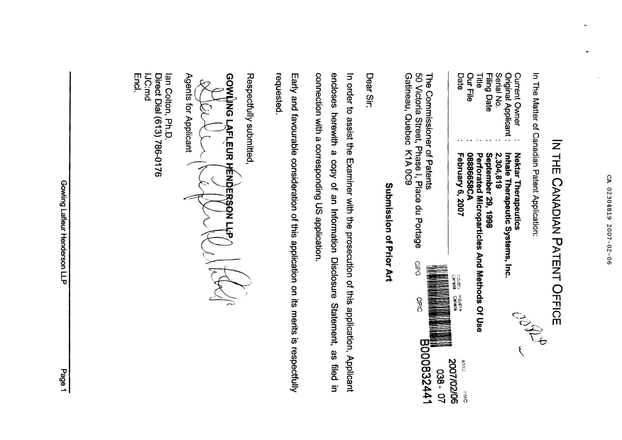 Document de brevet canadien 2304819. Poursuite-Amendment 20070206. Image 1 de 1