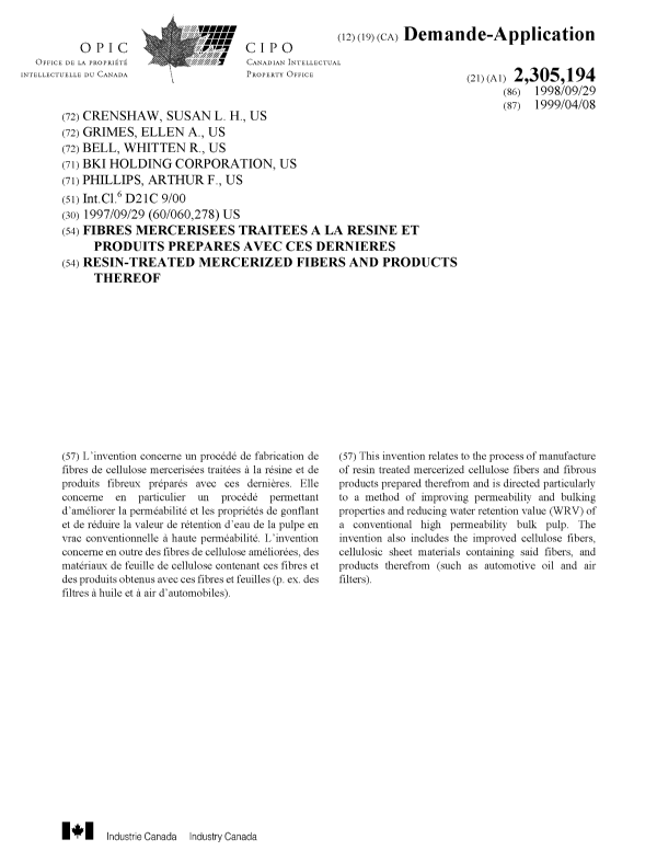Document de brevet canadien 2305194. Page couverture 20000607. Image 1 de 1