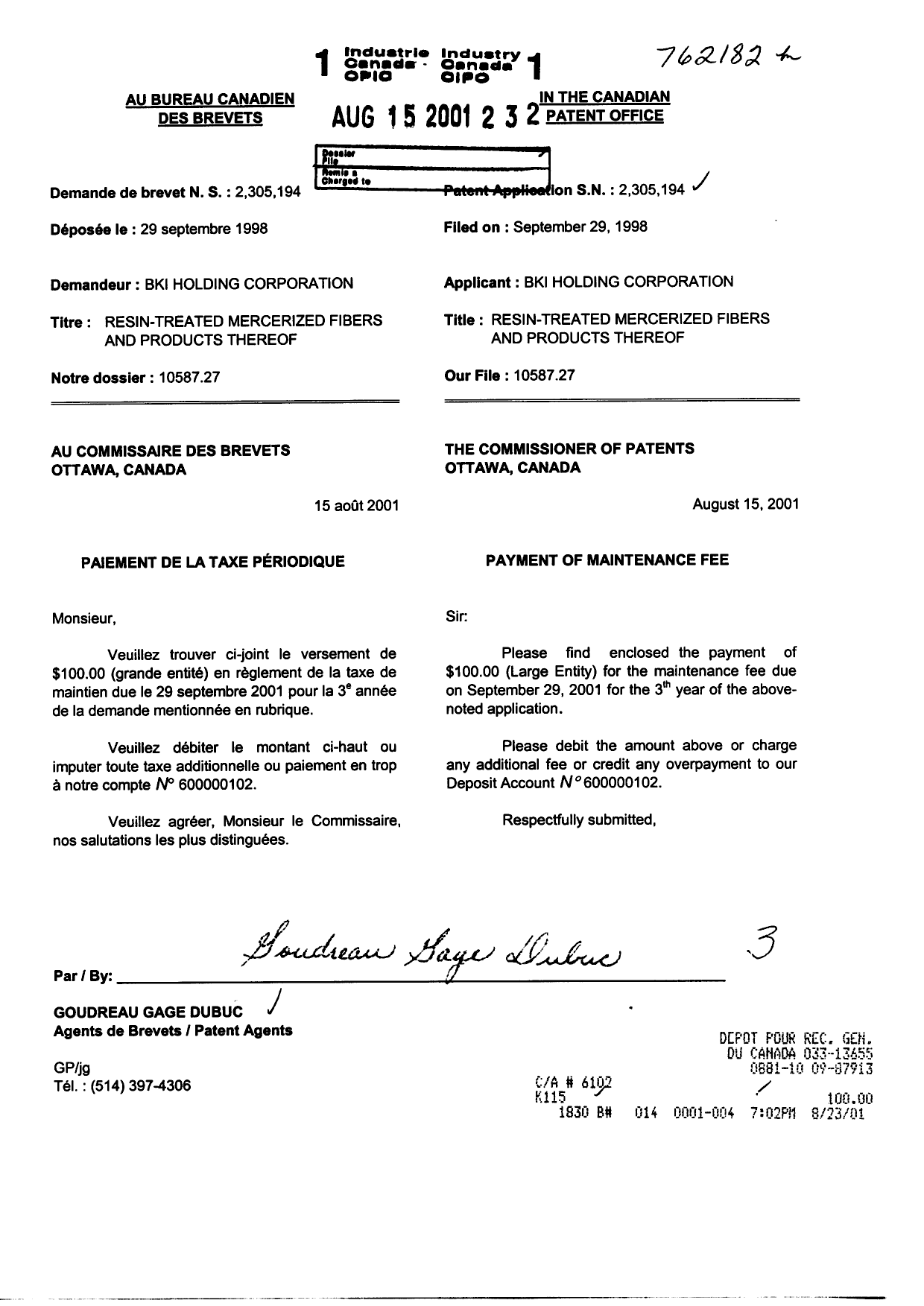 Document de brevet canadien 2305194. Taxes 20010815. Image 1 de 1