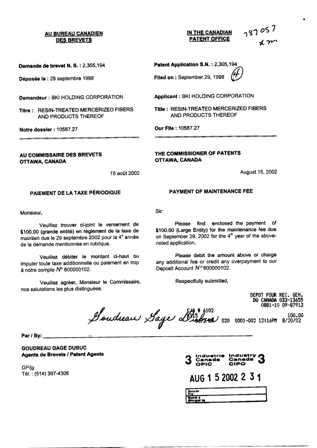 Canadian Patent Document 2305194. Fees 20020815. Image 1 of 1