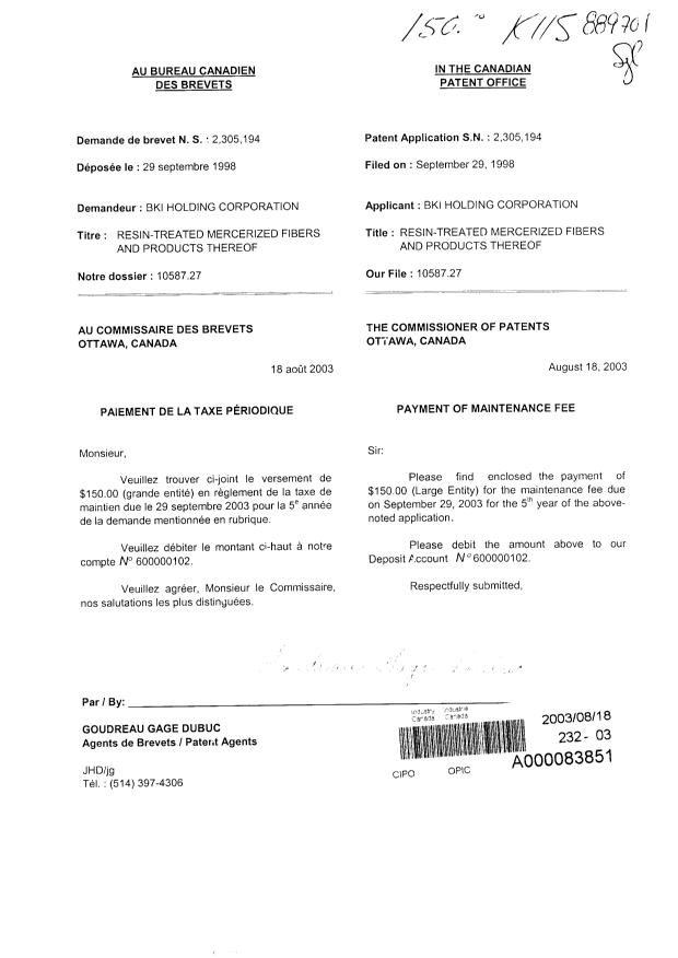 Document de brevet canadien 2305194. Taxes 20030818. Image 1 de 1
