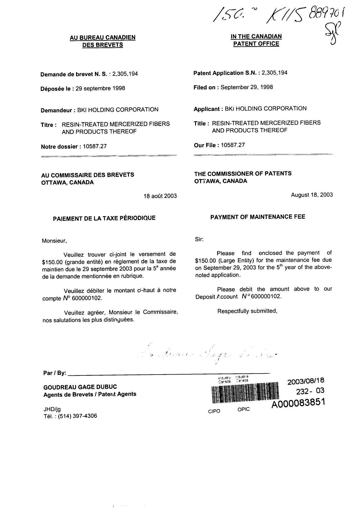 Canadian Patent Document 2305194. Fees 20030818. Image 1 of 1