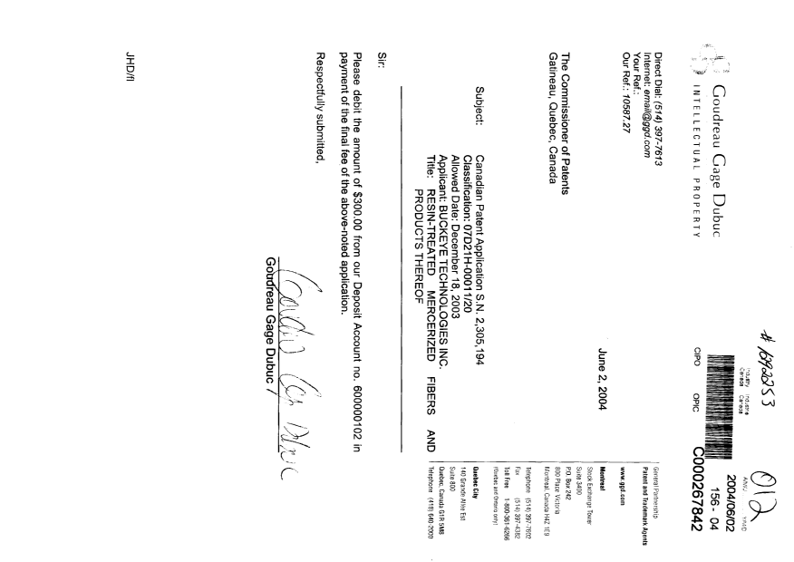 Document de brevet canadien 2305194. Correspondance 20040602. Image 1 de 1