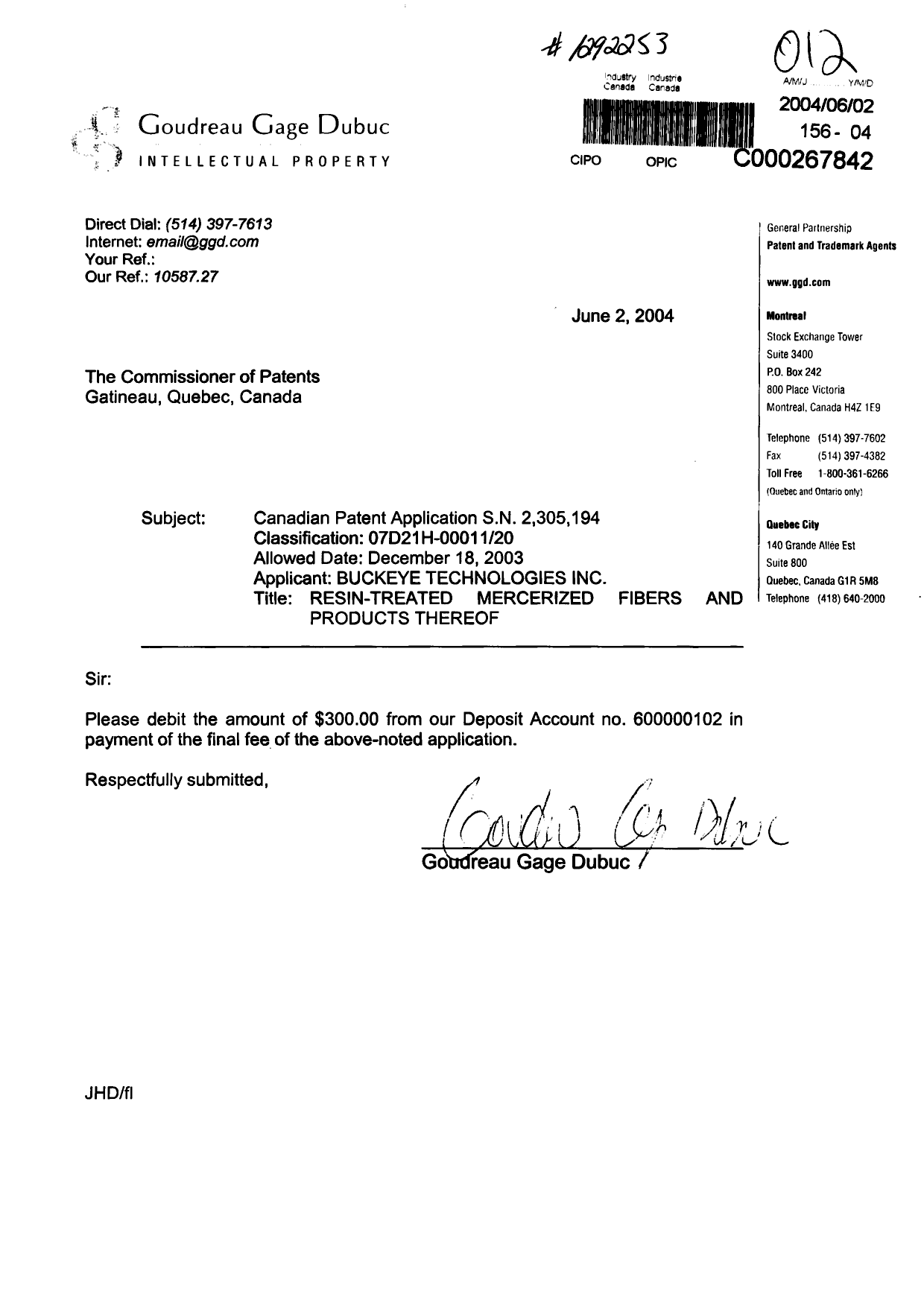 Document de brevet canadien 2305194. Correspondance 20040602. Image 1 de 1