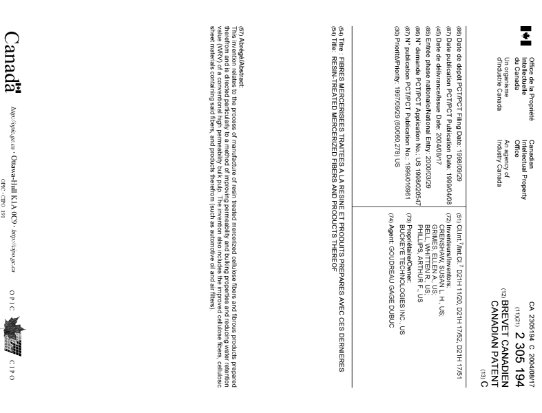 Document de brevet canadien 2305194. Page couverture 20040714. Image 1 de 1