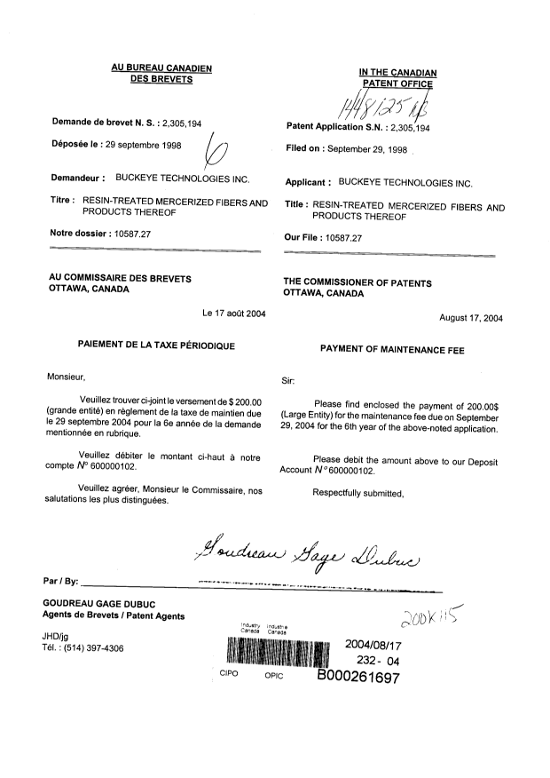 Document de brevet canadien 2305194. Taxes 20040817. Image 1 de 1