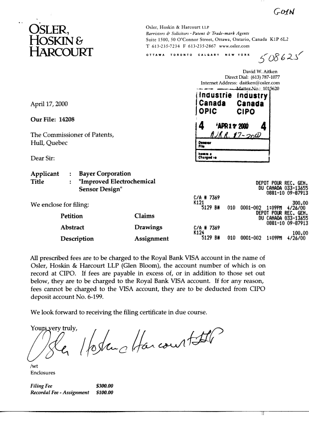 Document de brevet canadien 2305922. Cession 20000417. Image 1 de 4