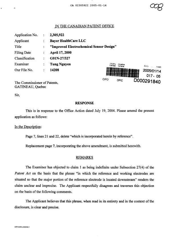 Canadian Patent Document 2305922. Prosecution-Amendment 20050114. Image 1 of 4