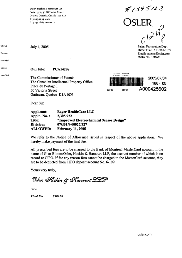 Canadian Patent Document 2305922. Correspondence 20050704. Image 1 of 1