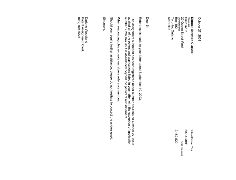 Canadian Patent Document 2305938. Correspondence 20031027. Image 1 of 1