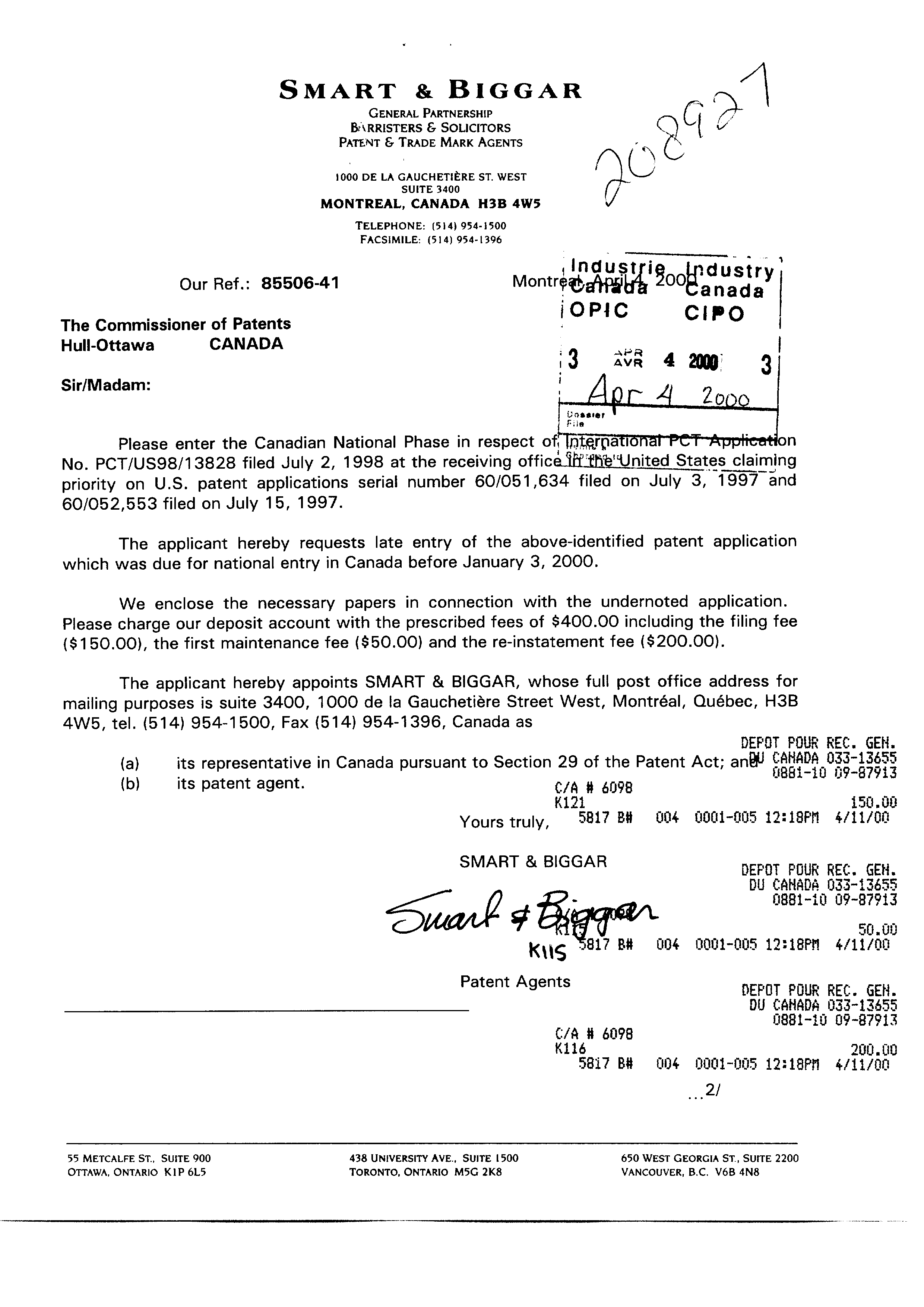 Canadian Patent Document 2306346. Assignment 20000404. Image 1 of 3