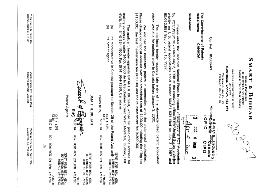 Document de brevet canadien 2306346. Cession 20000404. Image 1 de 3