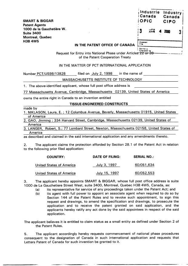 Document de brevet canadien 2306346. Cession 20000404. Image 3 de 3