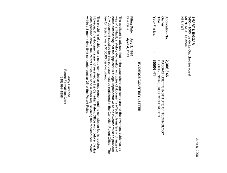 Document de brevet canadien 2306346. Correspondance 20000531. Image 1 de 1