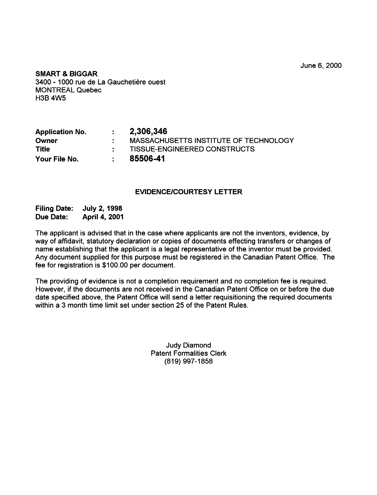 Document de brevet canadien 2306346. Correspondance 20000531. Image 1 de 1