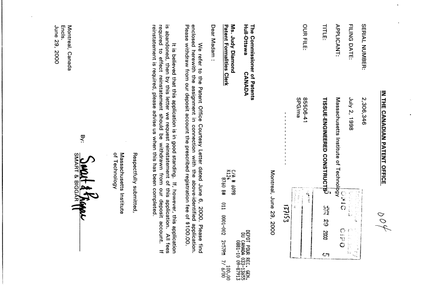 Document de brevet canadien 2306346. Cession 20000629. Image 1 de 13