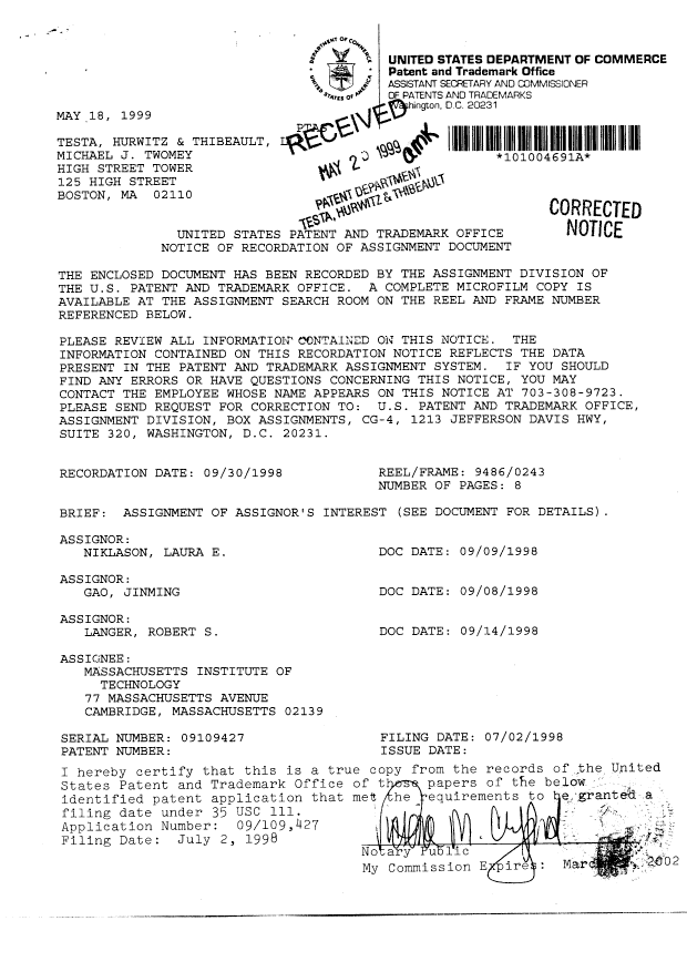 Document de brevet canadien 2306346. Cession 20000629. Image 2 de 13