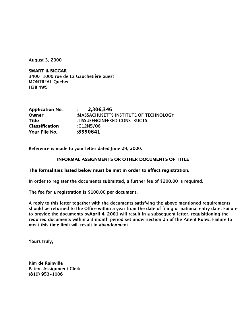 Document de brevet canadien 2306346. Correspondance 20000803. Image 1 de 1