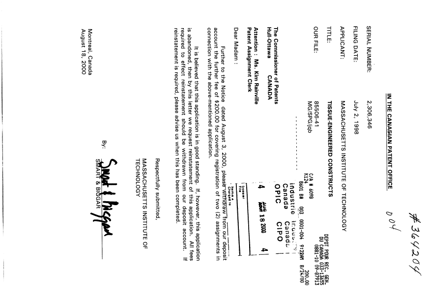 Document de brevet canadien 2306346. Cession 20000818. Image 1 de 1