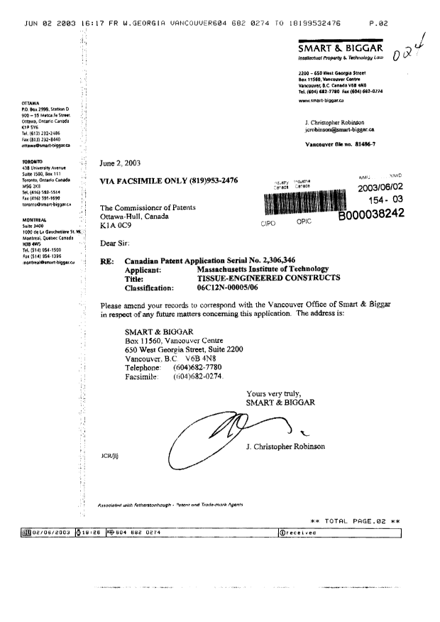 Document de brevet canadien 2306346. Correspondance 20030602. Image 1 de 2