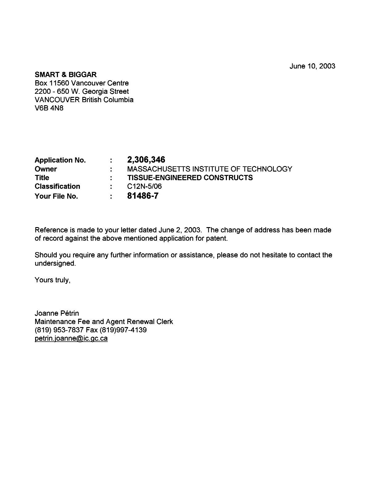 Document de brevet canadien 2306346. Correspondance 20030610. Image 1 de 1