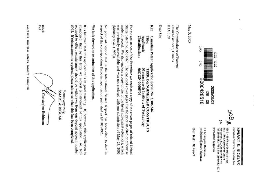Document de brevet canadien 2306346. Poursuite-Amendment 20050503. Image 1 de 1