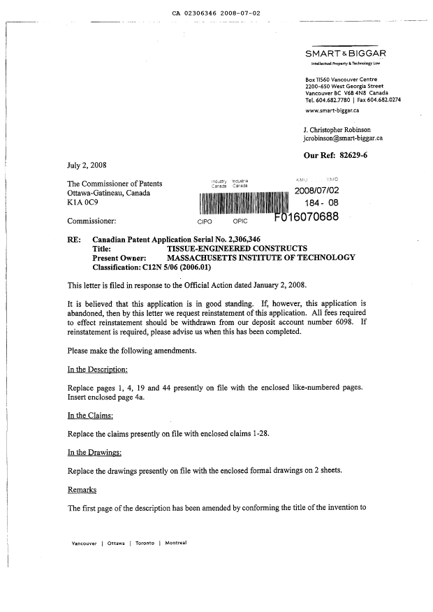 Document de brevet canadien 2306346. Poursuite-Amendment 20080702. Image 2 de 19