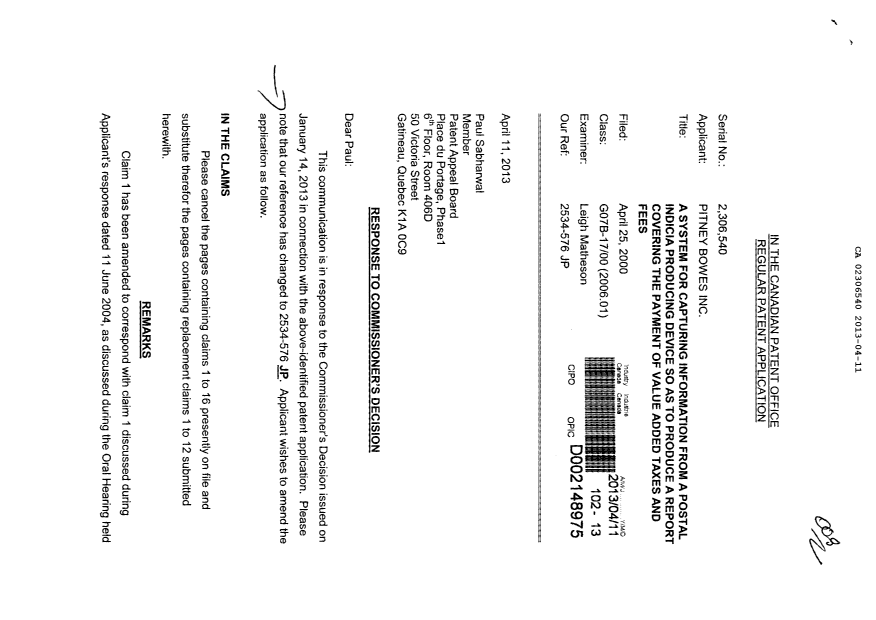 Canadian Patent Document 2306540. Prosecution-Amendment 20121211. Image 1 of 4