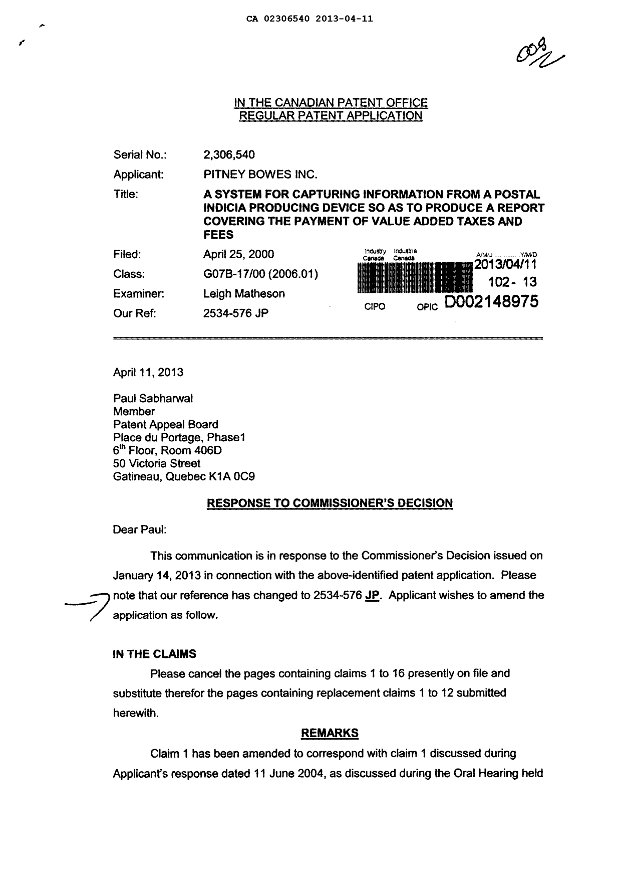 Canadian Patent Document 2306540. Prosecution-Amendment 20121211. Image 1 of 4