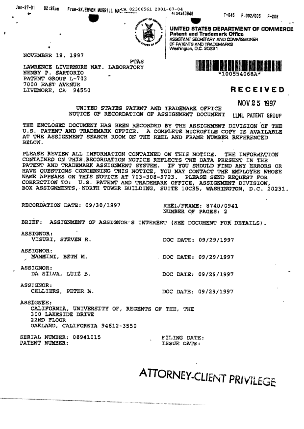 Document de brevet canadien 2306561. Cession 20010704. Image 2 de 5