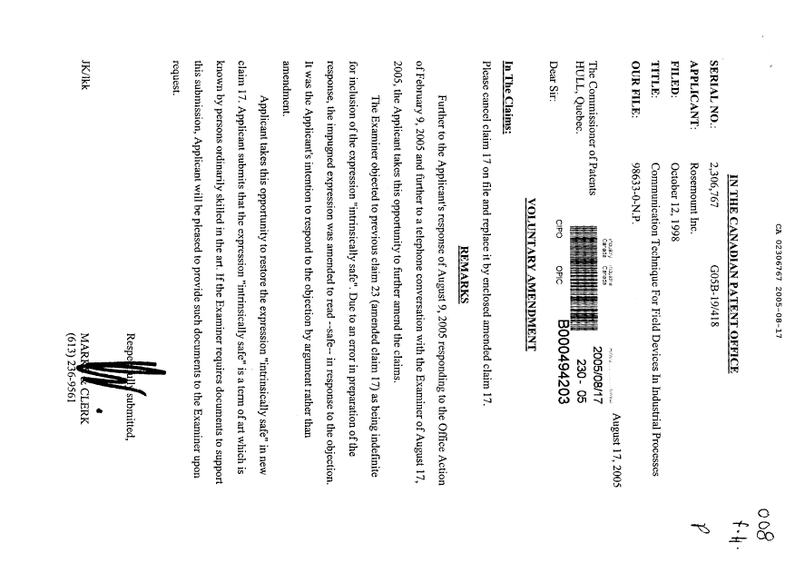 Canadian Patent Document 2306767. Prosecution-Amendment 20050817. Image 1 of 2